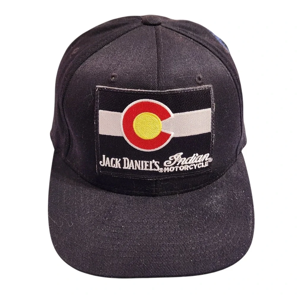Jack Daniels Indian Motorcycle Colorado Flag Snapback‎ Hat Yupoong 110 Black Cap
